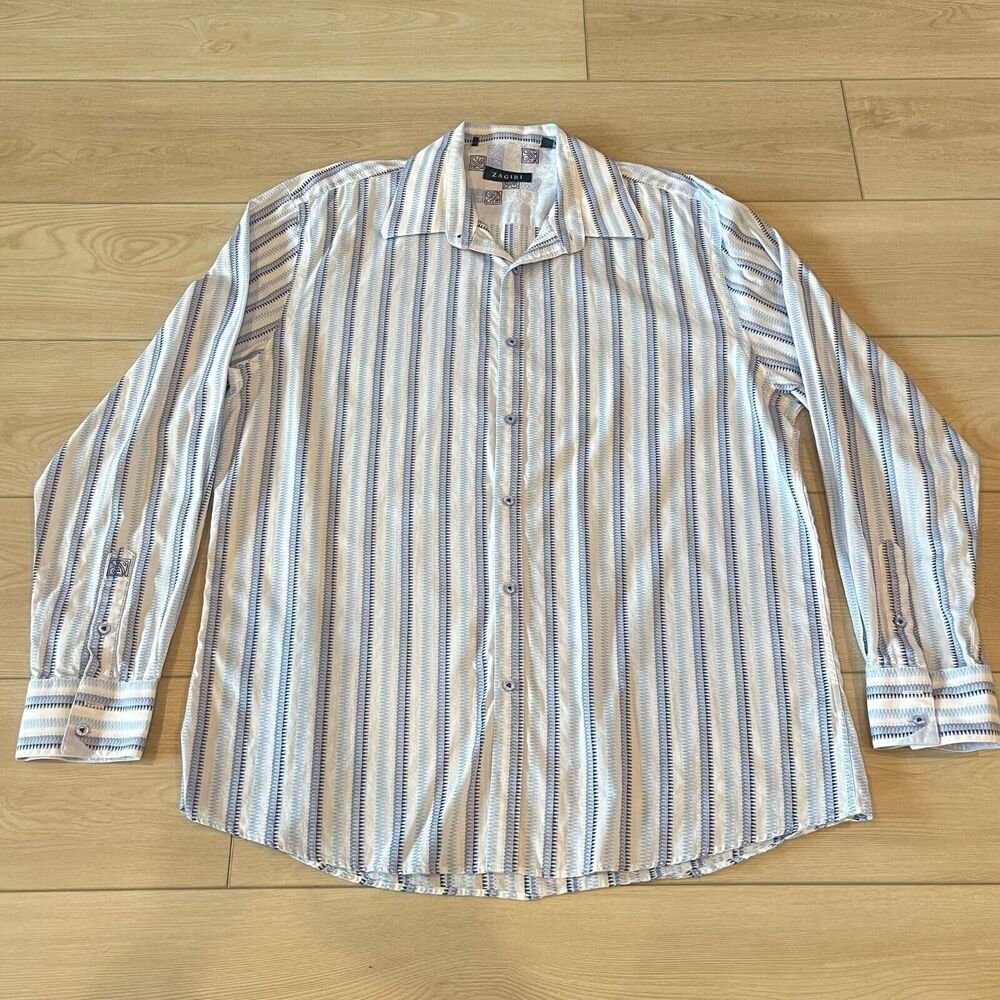 Zagiri Mens Button Up Longsleeve‎ Top XL Blue Festive Formal Embroidered Cuff